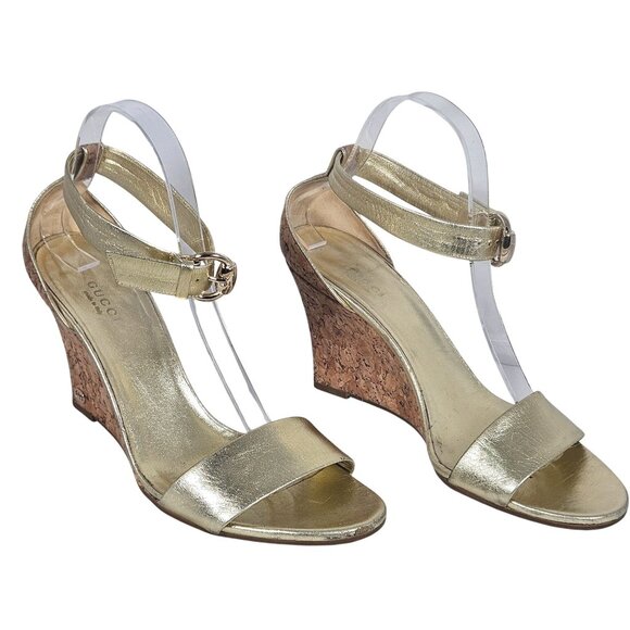 Gucci Women’s Gold Wedge Sandals 8.5 B Cork Heel Minimalist Resort Chic Boho - Picture 2 of 16